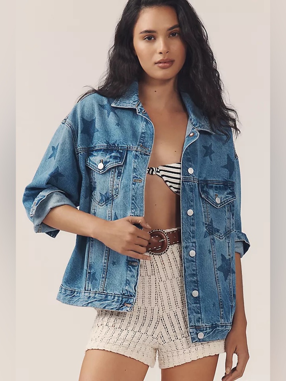 Anthropologie Pilcro Weston Denim Boyfriend Jacket Star Print Blue XL